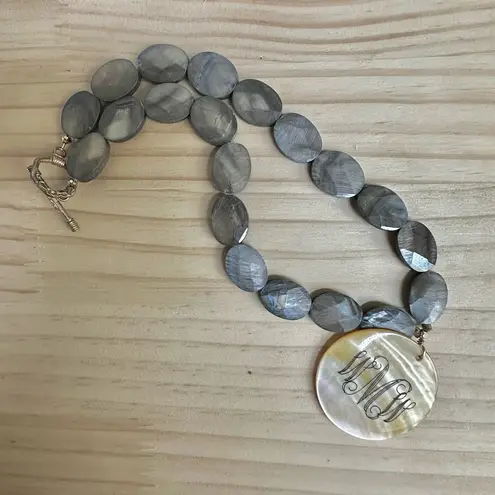 Gray Shell Beaded Monogram Pendant Necklace with Toggle Clasp