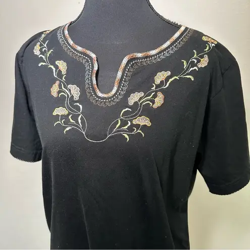 Unik Black Floral Embellished Short Sleeve Blouse Size L