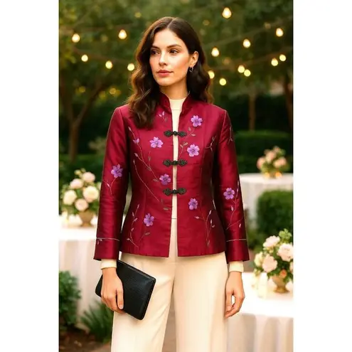 Zi Qing Ge Embroidered Floral Chinese Style Jacket Wine Purple Frog Closures LG