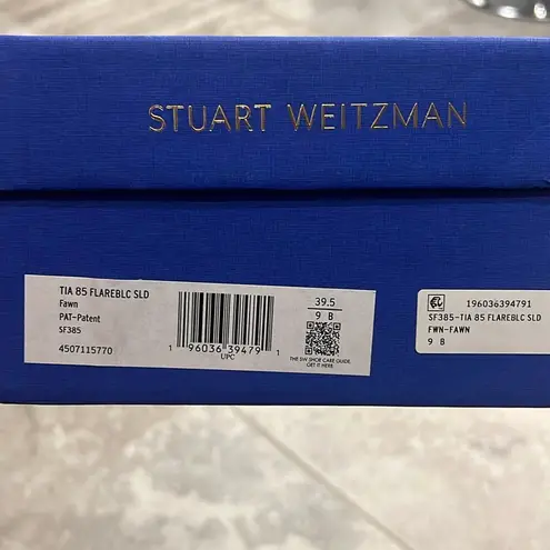 Stuart Weitzman  Tia 85 Flared Block Heel Sandals Fawn Patent Leather Size 9 NEW