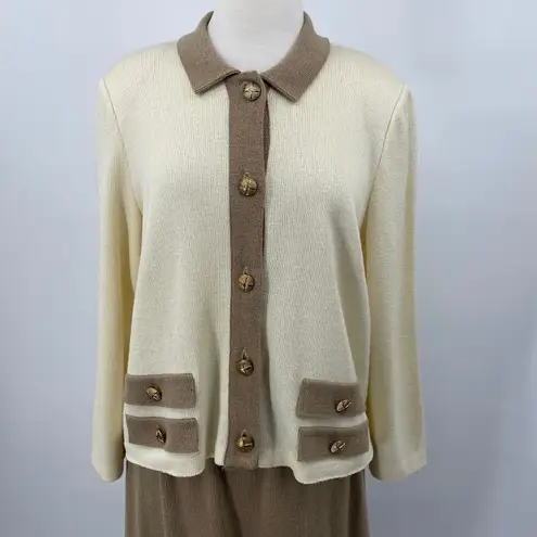 Vintage Mita 2 Piece Knit Cardigan & Skirt Set Matching Cream Tan Womens 18