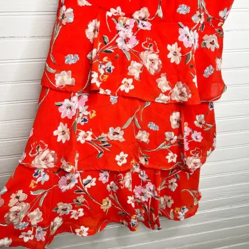 ROW A Womens Red Orange Floral Ruffle Tiered Dress Size S Sleeveless NWOT