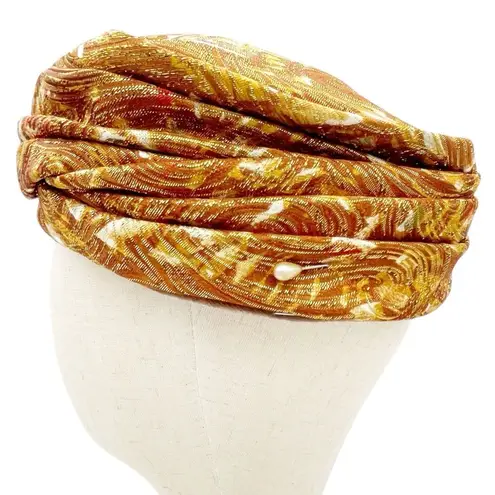 Vintage Valerie Modes Draped Turban Pillbox Hat – Metallic Gold & Bronze Brocade Brown