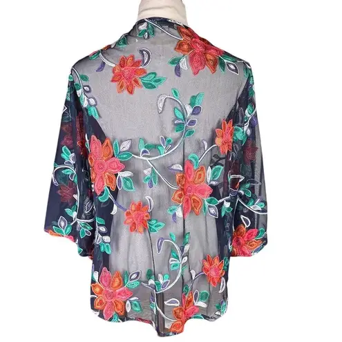 Chenault Women's Floral Embroidered Sheer Mesh Swim Coverup Kimono Size L Size L