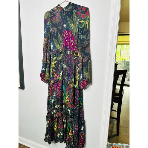 Farm Rio Black Amazonia High Neck Jungle Theme Ruffle Tiers Maxi Dress Size XS