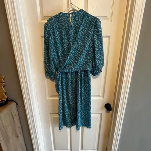 Vintage Alison Peters Petite Teal Floral Print Midi Dress Women's Size 10 Wrap Blue