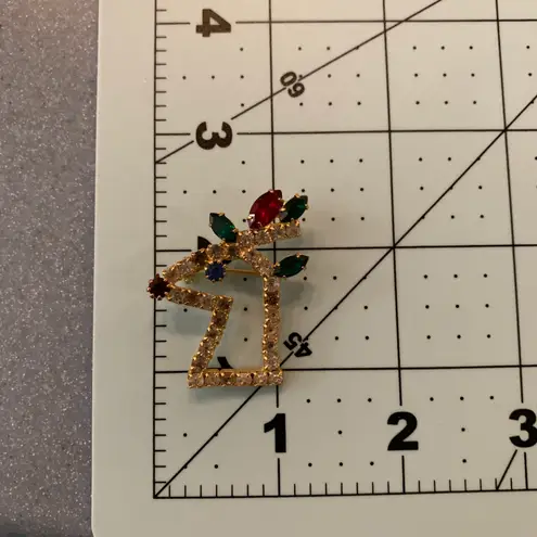 Vintage Christmas Reindeer Head Brooch Pin w/ Gems Gold