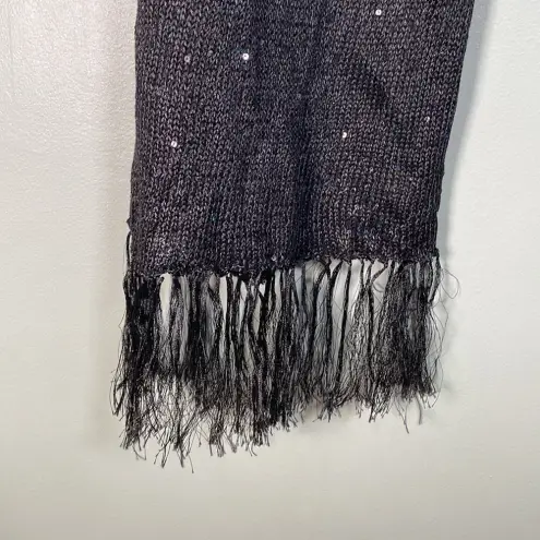 COURAGE.B winter knit‎ scarf black sequins with fringe edges black sparkle NWT