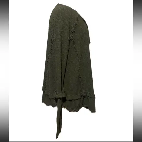 We The Free Free People V Neck Oversized Laguna Waffle knit Thermal Sweater Olive Green XS