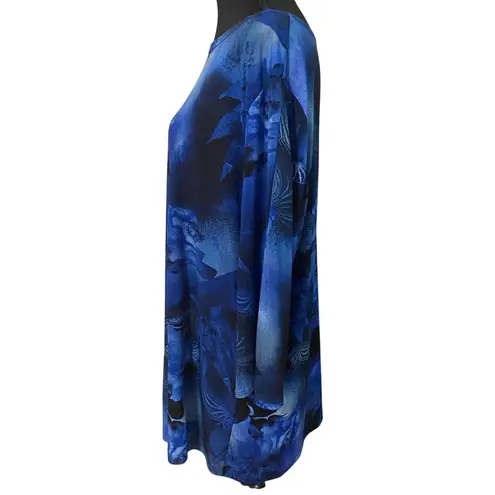 Clara Sun Woo Blue Floral Print Tunic Top Long Sleeve Asymmetric Hem Stretch SM Size L