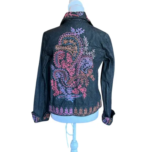 Coldwater Creek Black Jean Jacket Pink Blue Embroidery Cotton Womens XS
