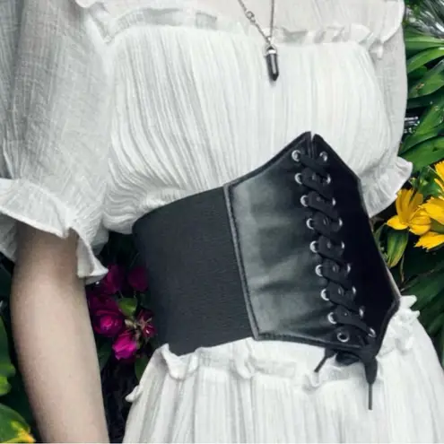 Vintage Style Lace Up Faux Leather Elastic Girdle Black Casual Wide Waist Belt