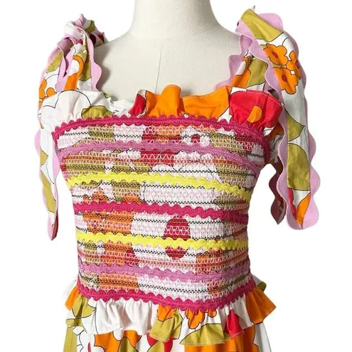 CeliaB Floral Sunstone Midi Dress Size Large Colorful Tie Straps Tiered Red