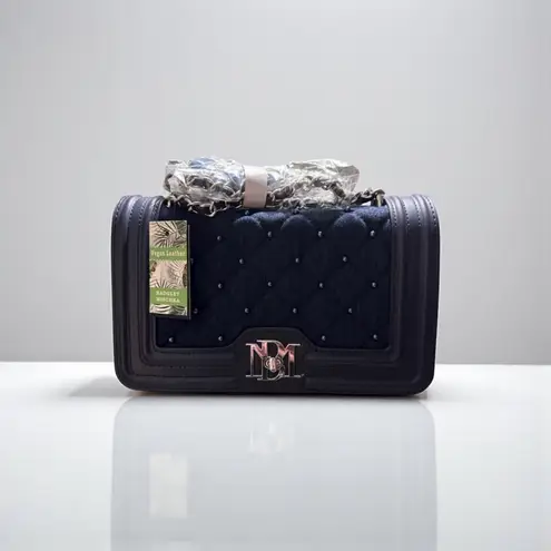 Badgley Mischka denim diamond quilted crossbody with faux pearls and a turn lock