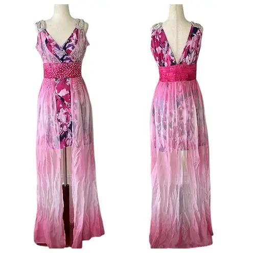 Stunning boutique mini dress with sheer maxi overlay Pink