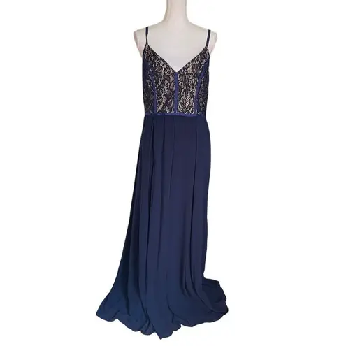 Fame and Partners Navy Lace Gown Spaghetti Strap Women’s Size 14 Grosgrain Trim
