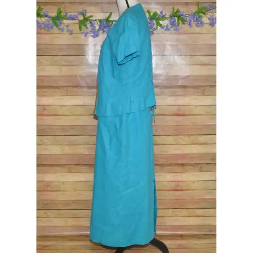 Vintage Miss Dorby Jacket & Maxi Dress Size 12 Linen Blend Embroidered Beaded Blue