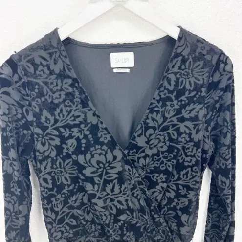 Saylor Black Velvet Burnout Romper Floral Belted Long Sleeve Anthropologie XS