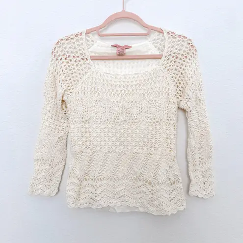 Bandolino VTG Womens Crochet Top Size M Cream Knit 3/4 Sleeve Lined Boho Cottage Romantic