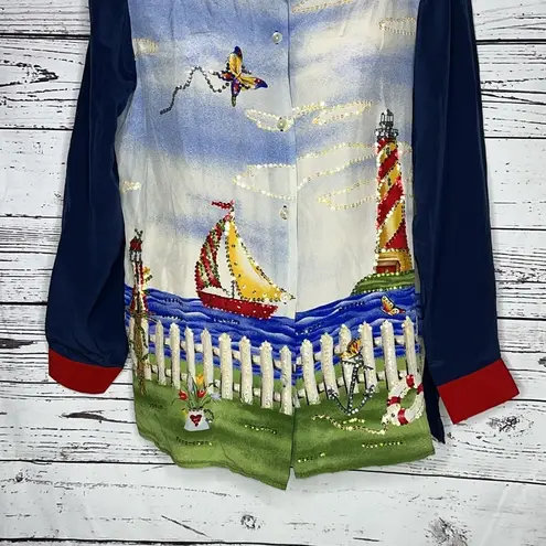 Quacker Factory NWT Size XS Beach Sailboat Sequin 100% Silk Button Up Blouse Top