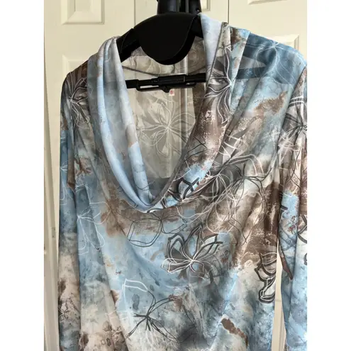 Petit Pois Draped cowl neck Doble mesh sheer art long sleeve blouse top, Size S