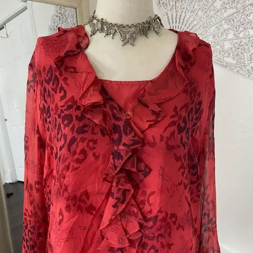 Witchy Whimsygoth Vintage Burgundy Red Silk Ruffled Flared Button Up Blouse L Size L