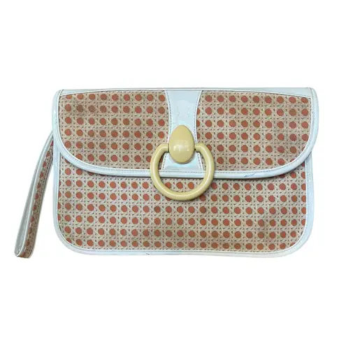 Vintage Lulu Guinness Lattice Print Coral White Vinyl Trim Wristlet Clutch Bag