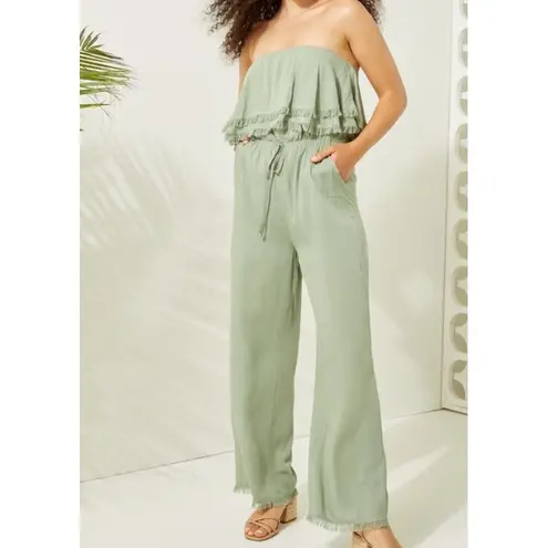 Altar'd State  Edan Fringe Trim Jumpsuit Green Strapless Women's Small‎