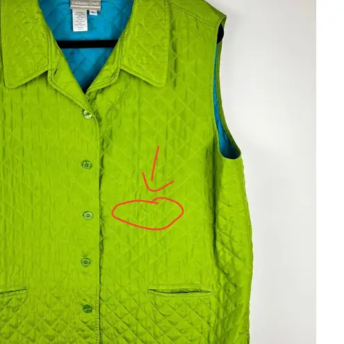 Coldwater Creek Quilted Silk Vest Lime Green Turquoise VTG XL Collared Button