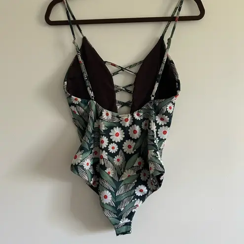 Mara Hoffman Criss Cross Front One Piece Swimsuit Dark Green Daisy Sz Medium