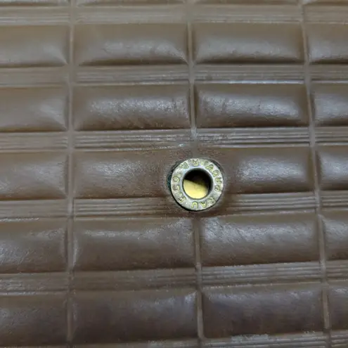 Antique Tooled Leather Clutch Handbag Brown Gold Taffeta Kiss Lock Handle Purse