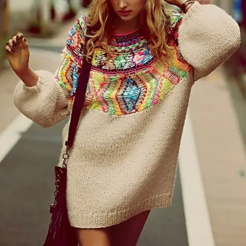 Mes Demoiselles Oversized Sweater Dress Alpaca Wool Jumper Colorful Fringe Art Pink Size L