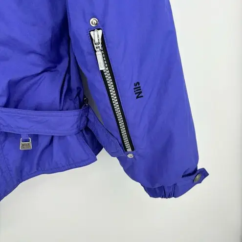 NILS Ski Jacket Size 10 Stowaway Hood Skiwear Zipper Front Blue