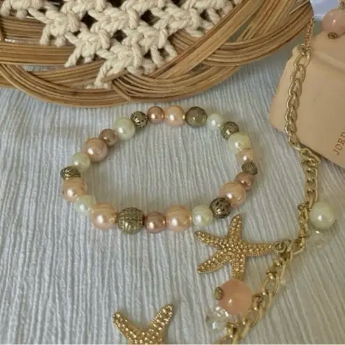 Periwinkle By Barlow Set Pearl Starfish Charm Pink Gold White Earrings Necklace Bracelet