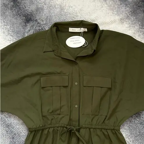 Bishop and Young Safari Olive Green Puff Sleeve Button Up Midi Dress - Small NWT