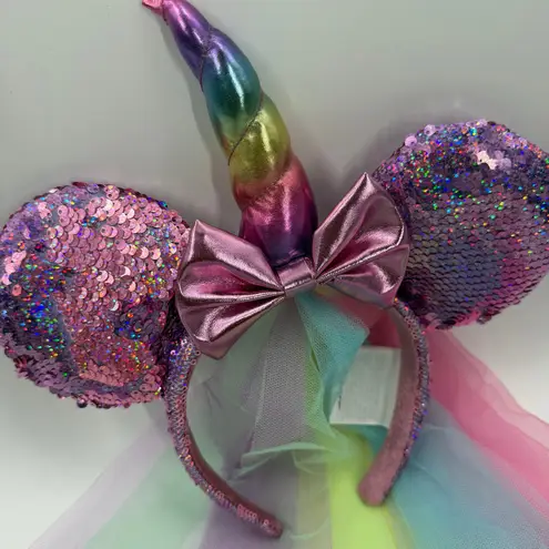 Disney  Parks Minnie Mouse Ears Unicorn Sequin Rainbow Veil Headband Tulle O/S - Image 4