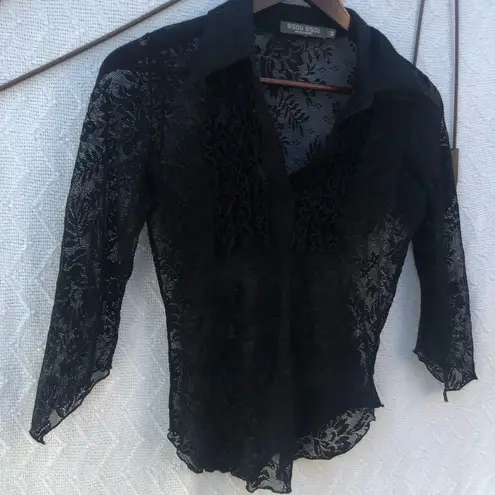 Bisou Bisou ‎ Sheer Black Lace Shirt