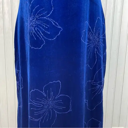 Vintage 90s Y2K Blue Velvet Flower Maxi Slip Dress Whimsigoth Fairycore Medium