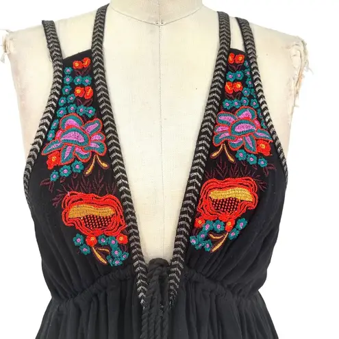 Free People  Lovers Cove Embroidered Tassel Mini Dress in Black Size XS