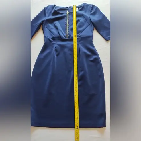 Sangria Navy Blue Gold Studded Stretch Scuba Sheath Work Dress Size 6