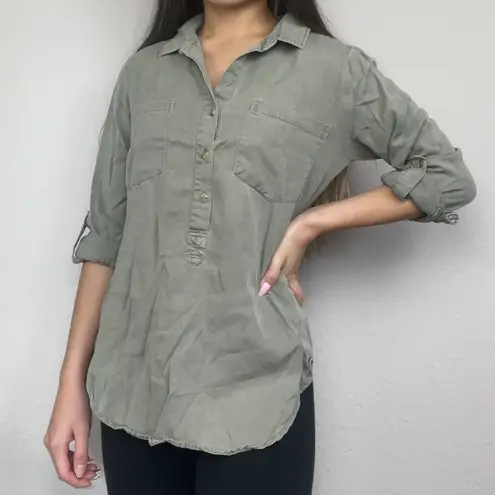 Thread and Supply Army Green Half-Button Collared Shirt