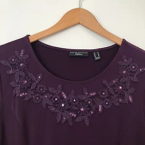 Susan Graver Artisan Liquid Knit Dress Purple Floral Beaded Embroidered Small S