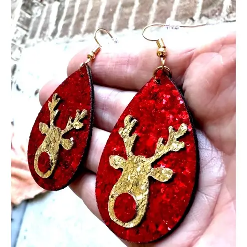 Handmade Rudolph Reindeer Earrings Christmas Whimsical Hooks Glitter Acc…