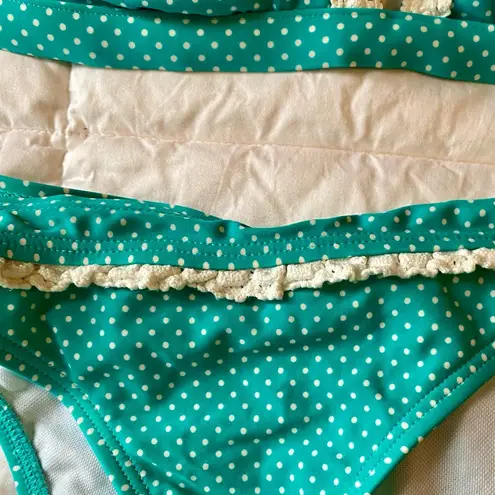 Y2K Vintage 90s Blue Polka Dot String Bikini Size Medium White Ruffle