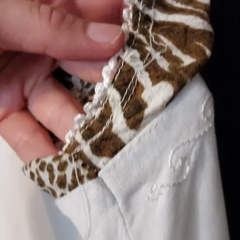 Raya Sun White Brown Button Front Floral Embroidery Animal Print Mini Swim Dress