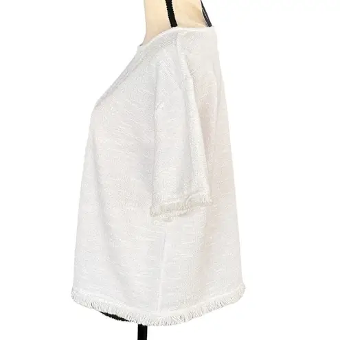 Alfani Small Top Stretch Short Sleeves Fringe Hem Textured Round Neck White New