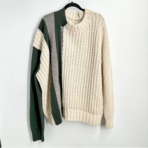Sacai 100% Wool Stripe Cableknit Zipper Sweater Cream Green Gray NEW XXL