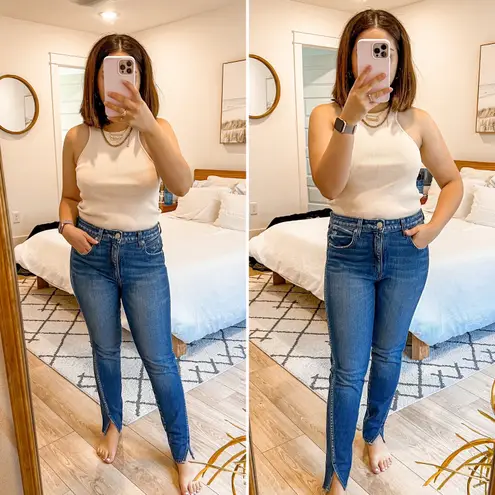 AMO Denim High Rise Twist Sweetheart Split Hem Skinny Dark Wash Jeans 30 Blue