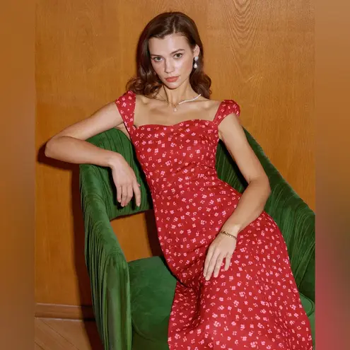 Rihoas Red Floral Sweetheart Neck Cap Sleeve Midi Dress