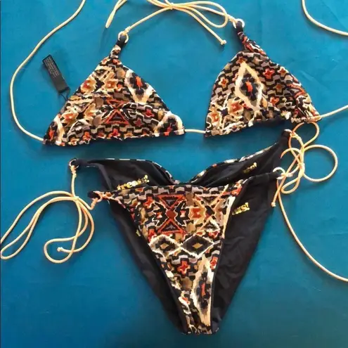LEZARD BATIK CAVIAR PRINT BIKINI SET 2 pieces NWOT Black Size XS